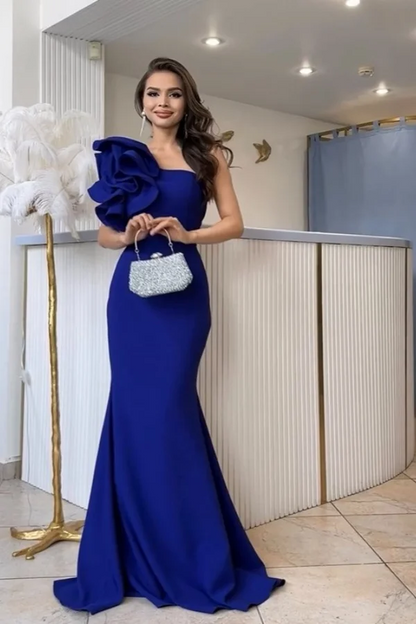 Blue Mermaid One-Shoulder Flower Elegant Long Bandeau Collar Prom Dress