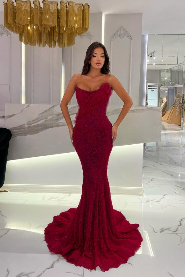 Gorgeous Strapless Sequins Mermaid Prom Dress With 3D-Blumen
