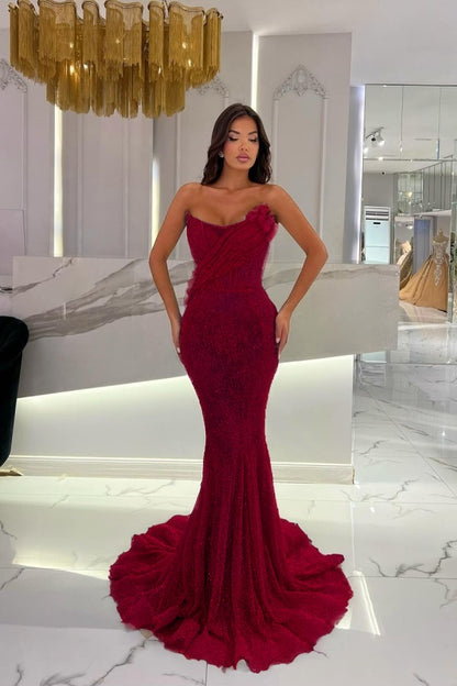 Gorgeous Strapless Sequins Mermaid Prom Dress With 3D-Blumen