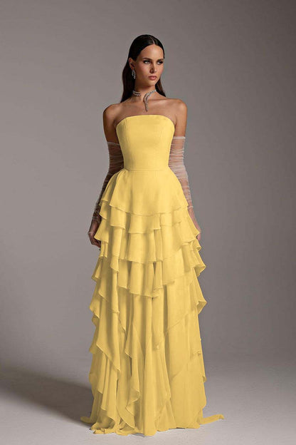 Charming Strapless Sleeveless Square Ruffles Long Prom Dress With Gloves