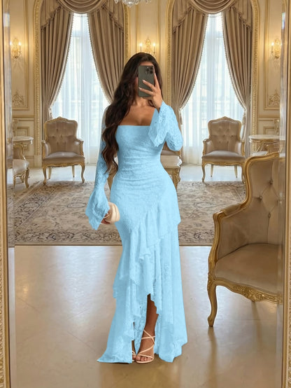 Elegant Cream Square Long Sleeves Ruffles Lace Evening Dress