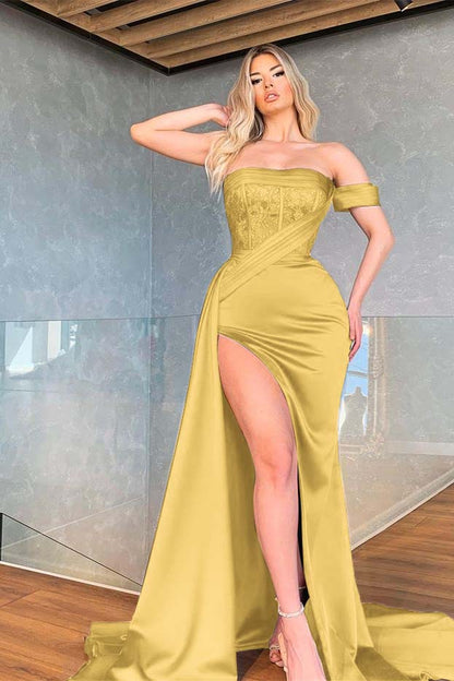 Royal Blue Mermaid Off-the-Shoulder Prom Dress With Slit