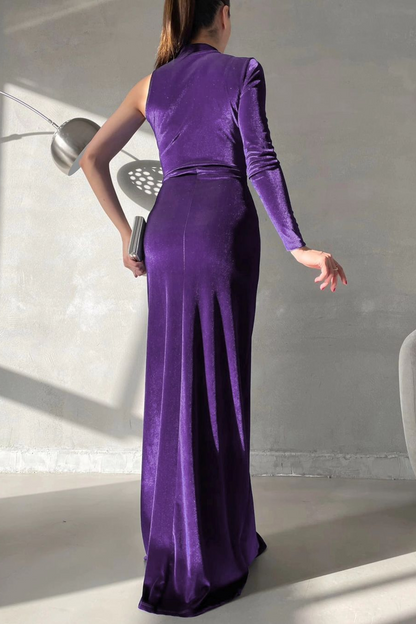 Charming Black Velvet One Shoulder Long Sleeves Long Prom Dress with High Split