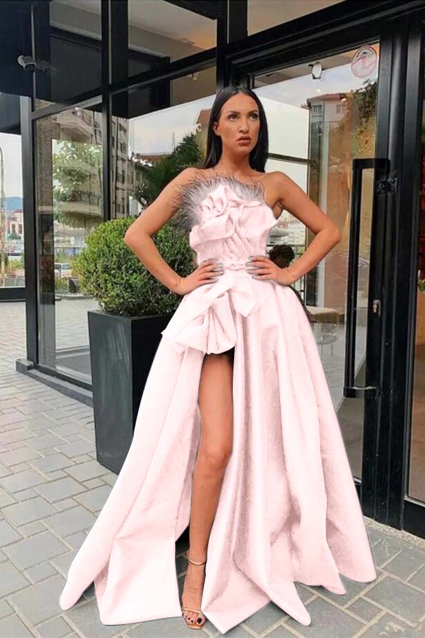 Long Black Prom Dress Slit With Feather