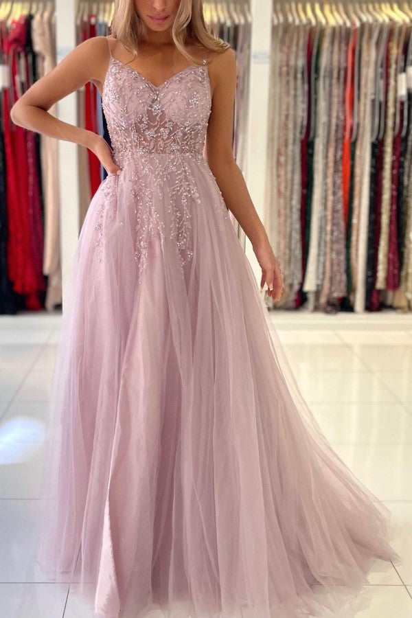 Tulle Spaghetti Strap A-Line Evening Dress With Beadings
