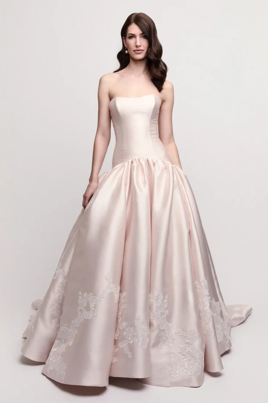 Charming Sleeveless Pink Strapless Satin Evening Dress With Applique