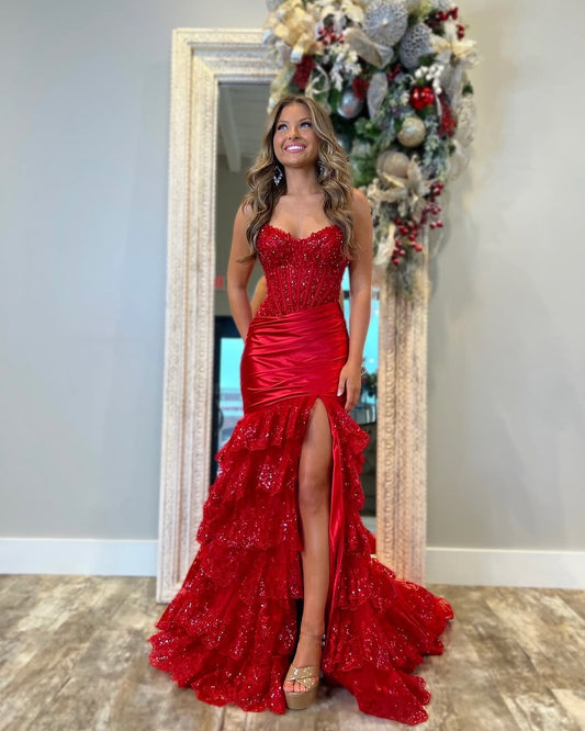 Red Sleeveless Strapless Sweetheart Mermaid Sequins Prom Dress