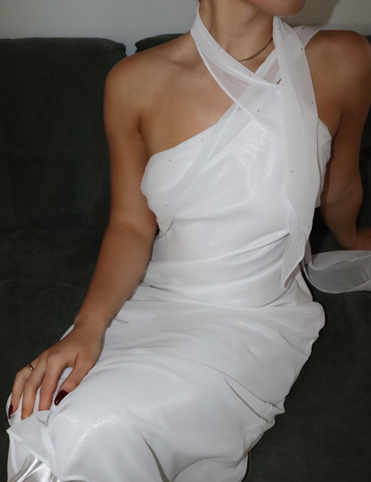 Elegant Sheath One Shoulder White Chiffon Long Prom Dress Evening Dress SH2340