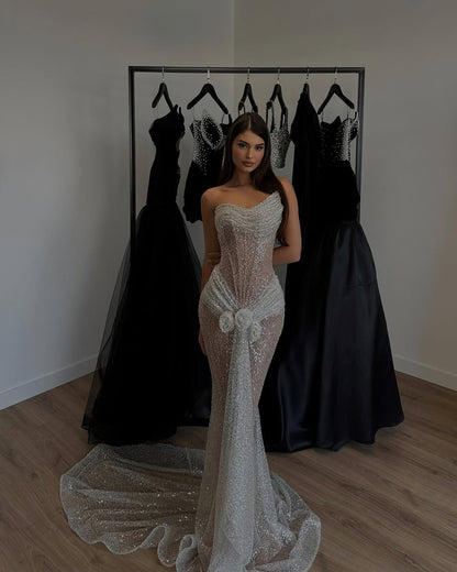 Chic Sleeveless Strapless Asymmetric Sequins Mermaid Prom Dress