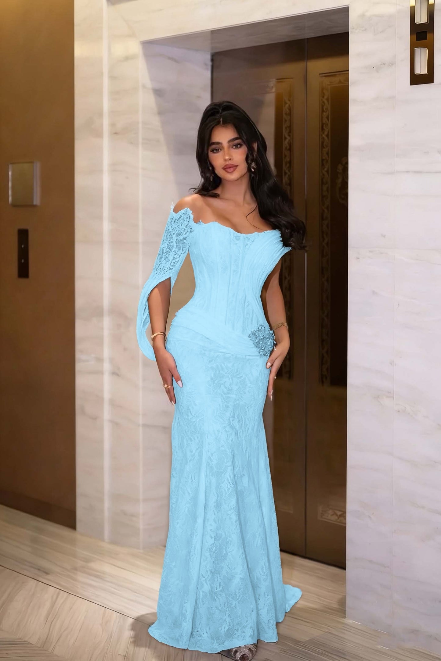 Black Long Sleeves Strapless Mermaid Prom Dress With Embroidery