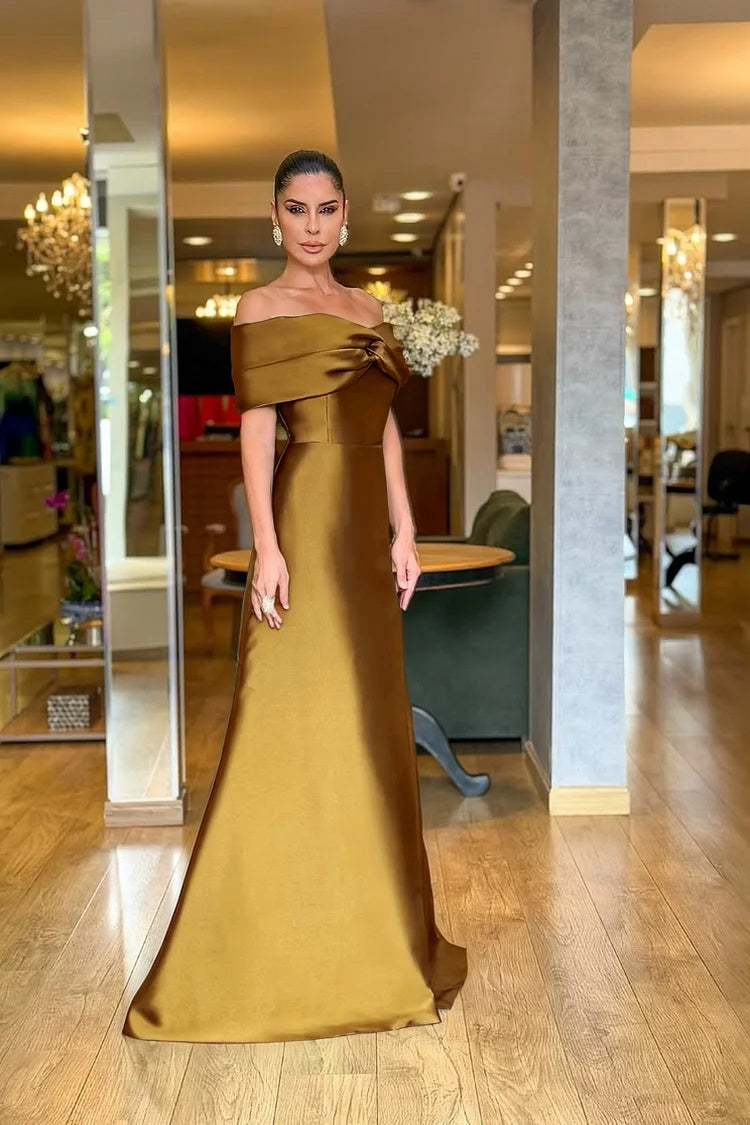 Stunning Dark Green Satin Off the Shoulder Strapless Long Prom Dress with Pleated