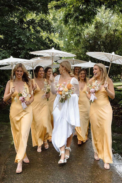 Cute Sheath Halter Yellow Satin Open Back Evening Dress Bridesmaid Dress SH2695
