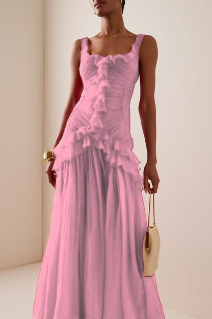 Elegant Ruffled Red Sleeveless Square Long Prom Dress With Pleated