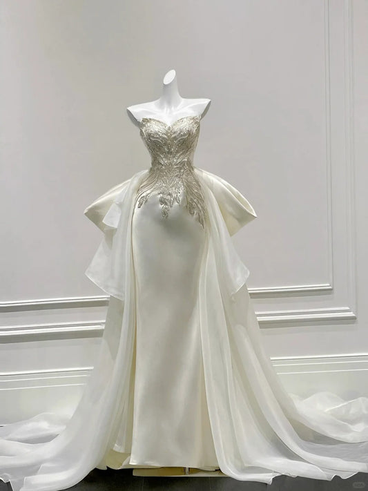Elegant Ivory Mermaid Strapless Beaded Satin Wedding Dress with Train P4093