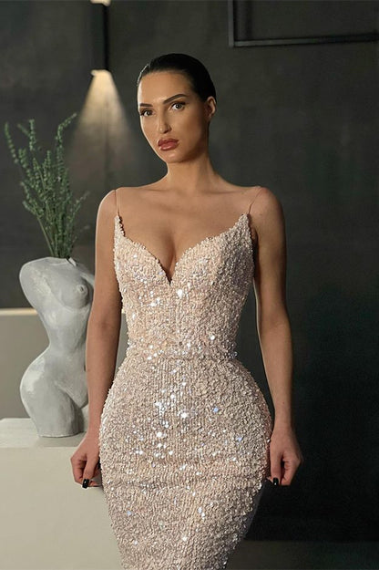 Spaghetti Strap Long Evening Dress Mermaid With Sequins