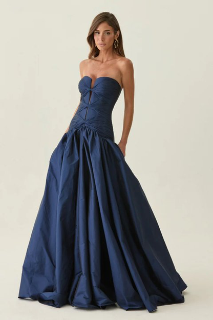 Elegant Dark Navy Sleeveless Strapless Long Evening Dress with Corset