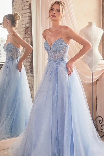 Baby Blue Sleeveless V-Neck Beadeds A-Line Prom Dress
