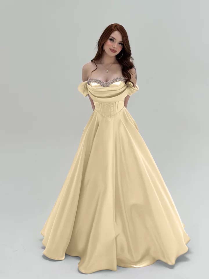 Elegant Off-The-Shoulder Beadings A-Line Pletaed Evening Dress