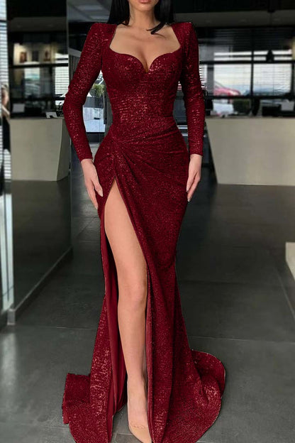 Long Sleeves Slit Evening Dress Mermaid With Sequins