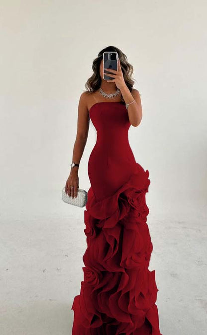 Amazing Dusty Blue Satin Sleeveless Strapless Long Prom Dress with Ruffles