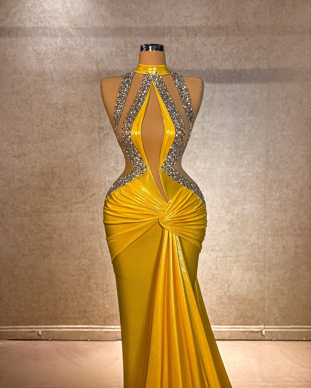 Sexy Gold Sleeveless Halter Straps Beads Long Prom Dress