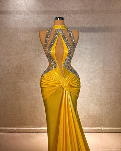 Sexy Gold Sleeveless Halter Straps Beads Long Prom Dress