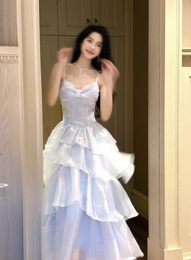 Shiny Spaghetti Straps Sky Blue Organza layered Long Party Dress Formal 21st Birthday Outfits SP1999