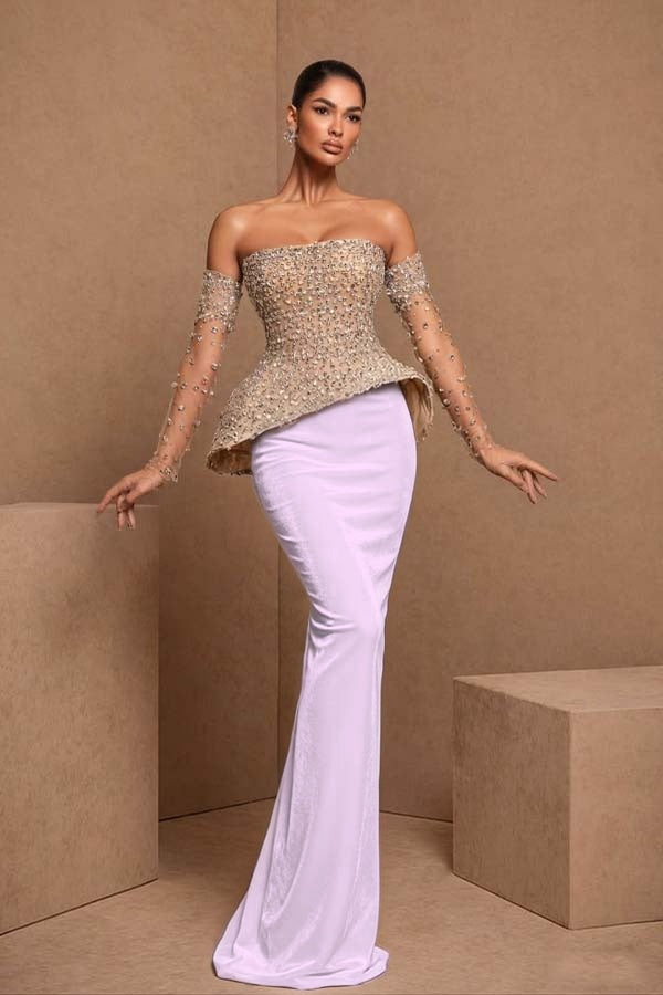Black Sleeveless Strapless Mermaid Satin Beads Long Prom Dress With Gloves