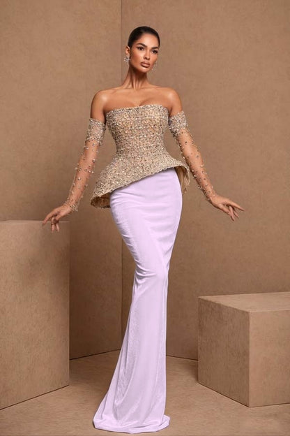 Black Sleeveless Strapless Mermaid Satin Beads Long Prom Dress With Gloves