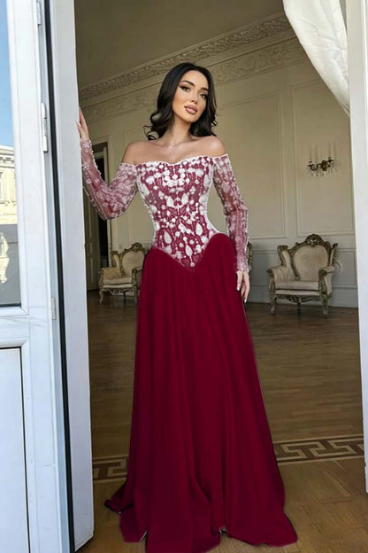 Stunning Red Bateau Neck Long Sleeves Beaded Evening Dress With Pleated