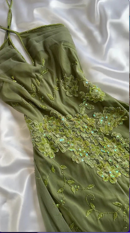 Vintage A Line Halter Sequin Appliques Green Chiffon Prom Dress Evening Dress SH2298