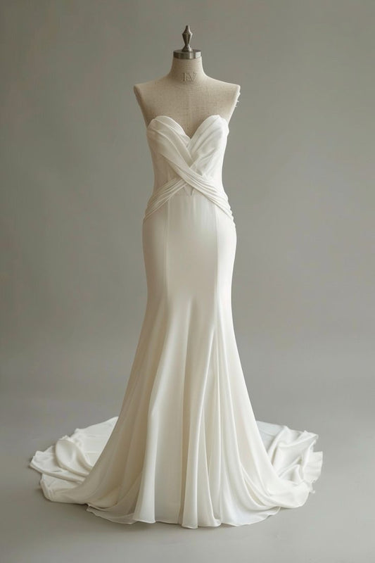 Light Apricot Simple Mermaid Sweetheart Neck Wedding Dress Chiffon Long Prom Dress  ED01522
