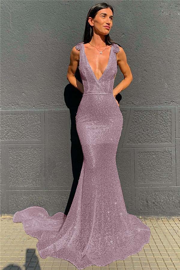 Deep V-Neck  Mermaid Prom Dress Open Back Sequins
