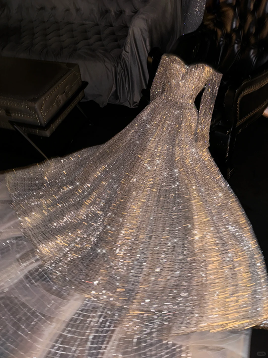 Shiny A Line Long Sleeve Silver Sequin Long Prom Dress Evening Dress SH2979