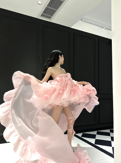 Cute A Line Strapless Floral Pink Organza Long Sweep Prom Dress Party Dress SH3399