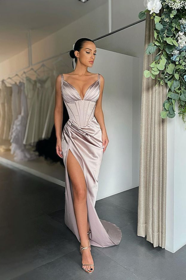 Modern V-Neck Slit Prom Dress Sleeveless