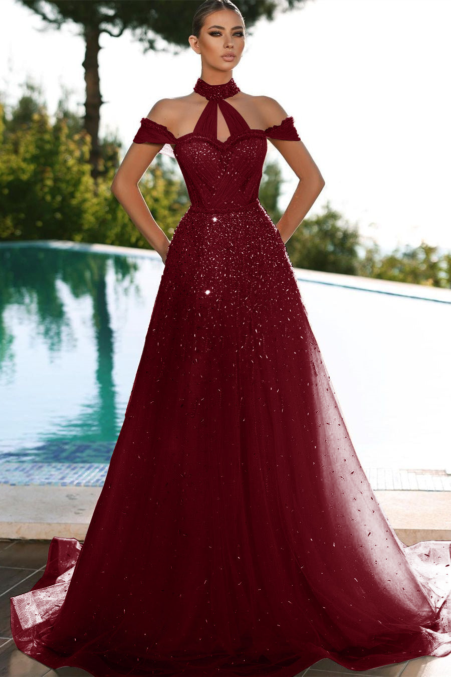 Champagne Off The Shoulder A Line Prom Dress Halter Tulle With Appliques