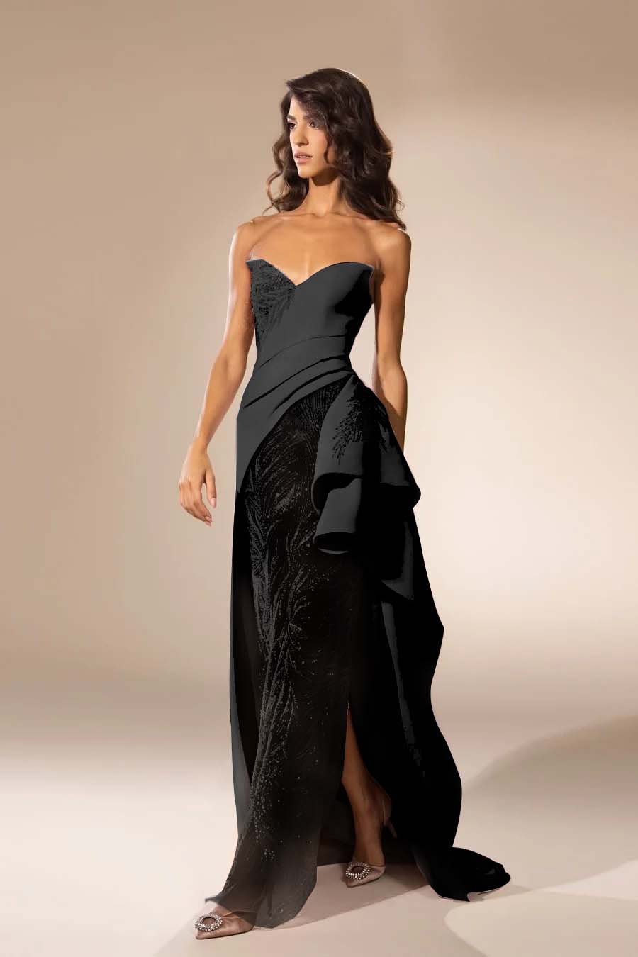 Sleeveless Strapless V Neck Embroidery Long Prom Dress With Slit