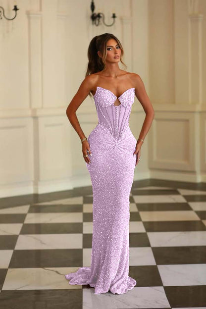 Sleeveless V-Neck Strapless Prom Dress With Beads