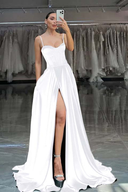 Red Spaghetti Straps A-Line Long Prom Dress With Pleated