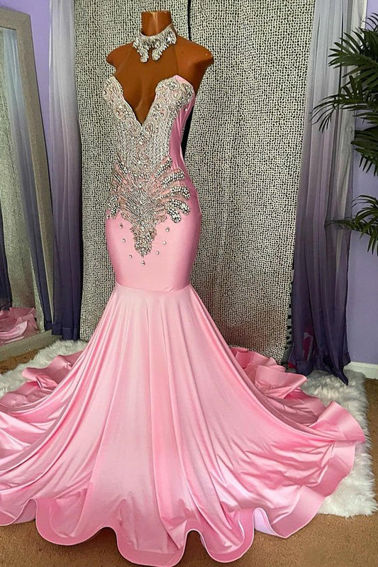 Mermaid Pink High Neck Prom Dress Beaded With Appliques