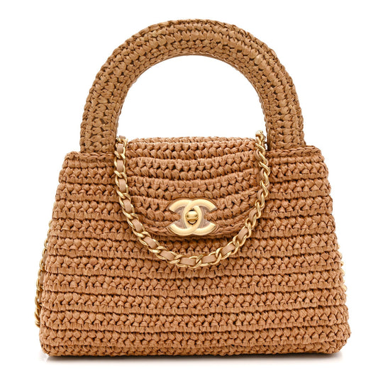 Braided Raffia Nano Kelly Flap Bag Dark Beige