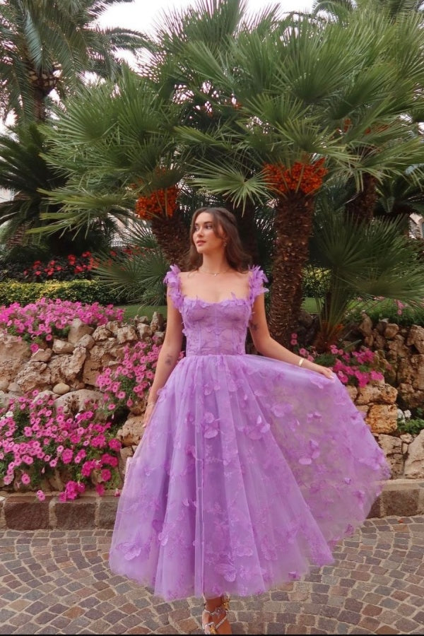 Purple Butterflies Appliques Square Tulle Prom Dress Long A-Line sleeveless