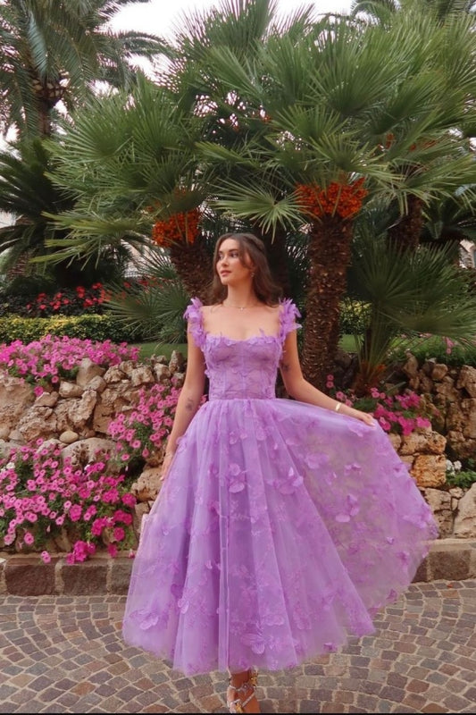 Purple Butterflies Appliques Square Tulle Prom Dress Long A-Line sleeveless