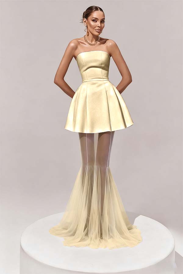 Stunning Black Sleeveless Strapless Prom Dress with Removable Hem
