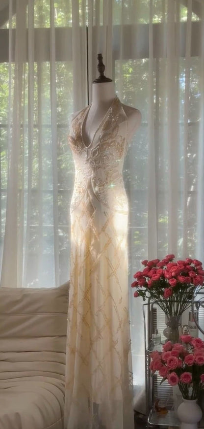 Elegant Sheath Halter Beaded Ivory Chiffon Long Prom Dress Graduation Prom Dress SH2563