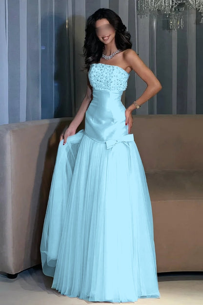 Charming Candy Pink Satin Tulle Sleeveless Strapless Long Evening Dress with Beadings