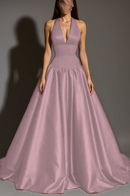 Sexy Sleeveless Halter Straps A-Line Deep V-Neck Long Prom Dress