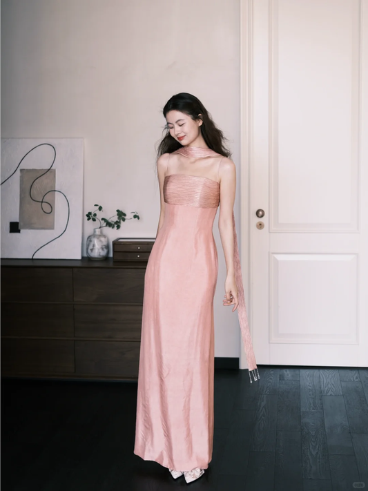 Elegangt Simple Pink A Line Spaghetti Straps Pleated Satin Prom Dress Party Dresses SH4586
