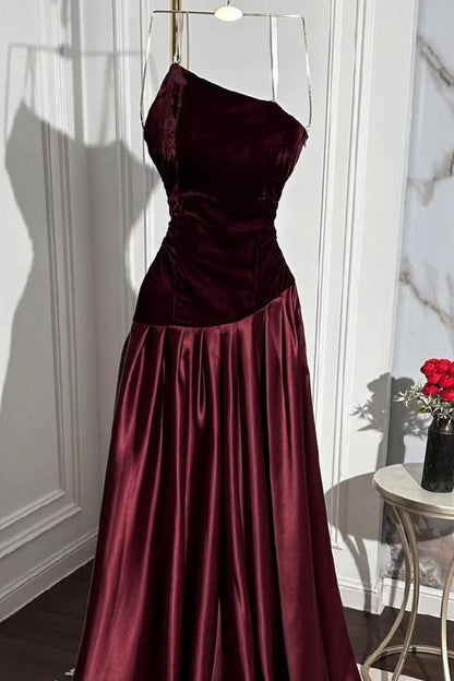 Beautiful Grape Satin Sleeveless Strapless Velvet Long Prom Dress with Pleated